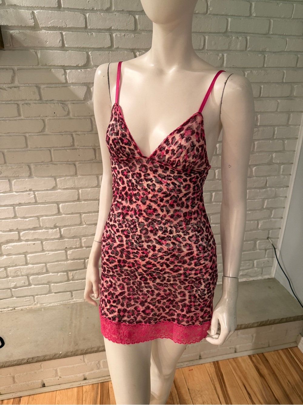 Vintage Victoria’s Secret Pink Leopard Mesh Chemise Nightgown Slip Size S